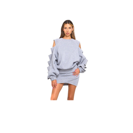 Heather Grey Cutout Sleeves Sweatshirt Top and Mini Skirt Set