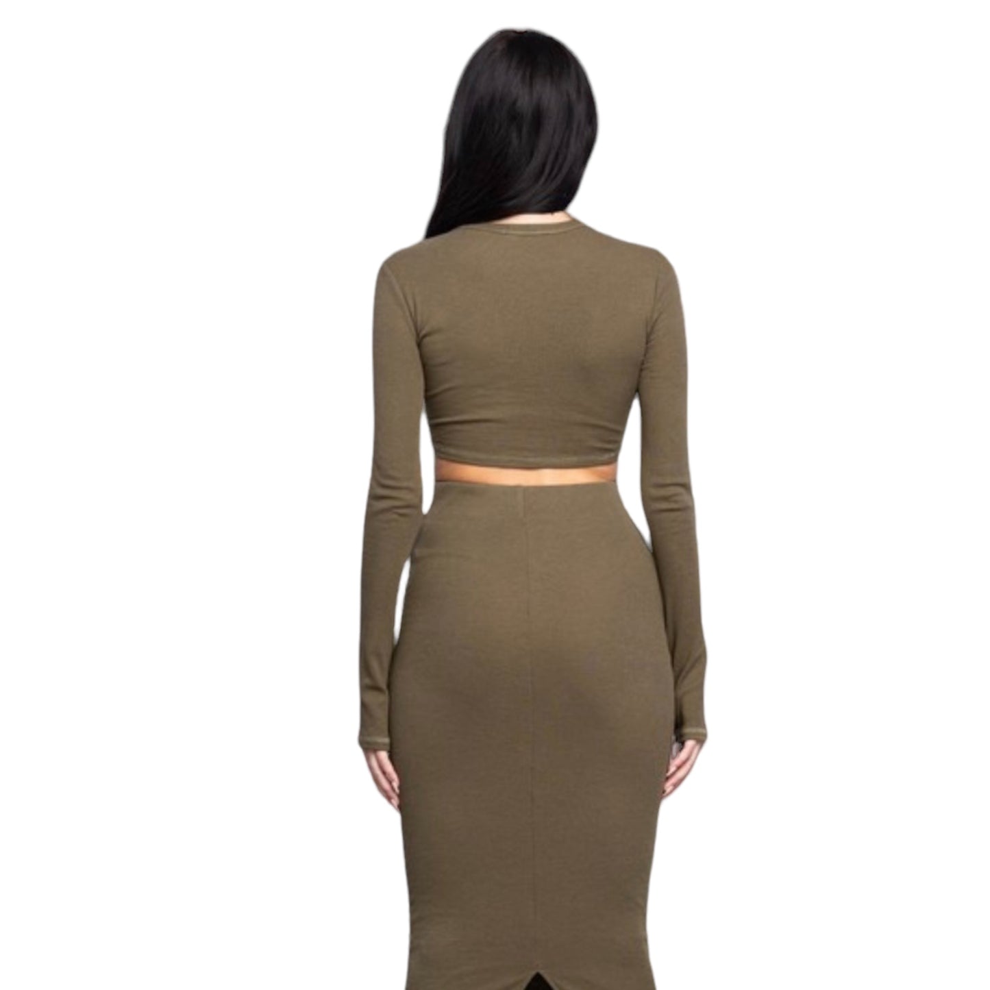 Olive Ribbed Out Seam Stitch Top and Long Skirt Set