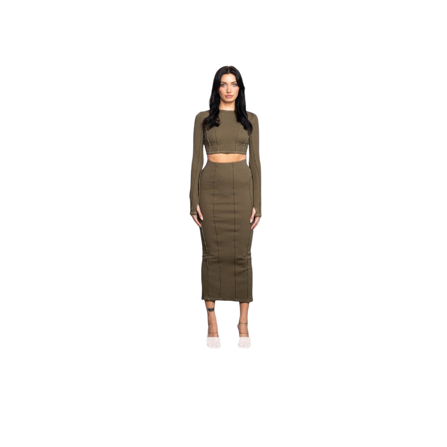 Olive Ribbed Out Seam Stitch Top and Long Skirt Set