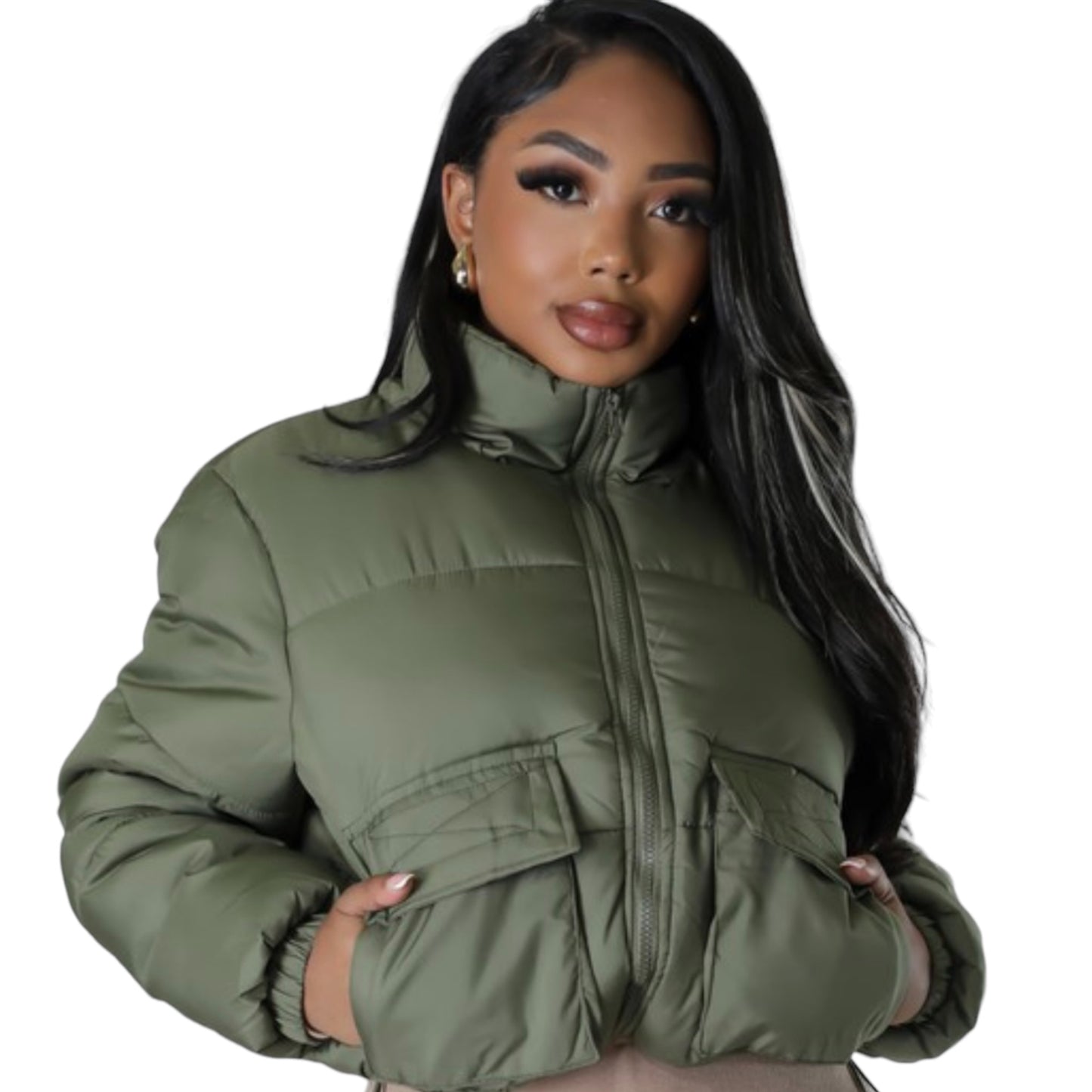 Olive Front Pocket Puffer Jacket